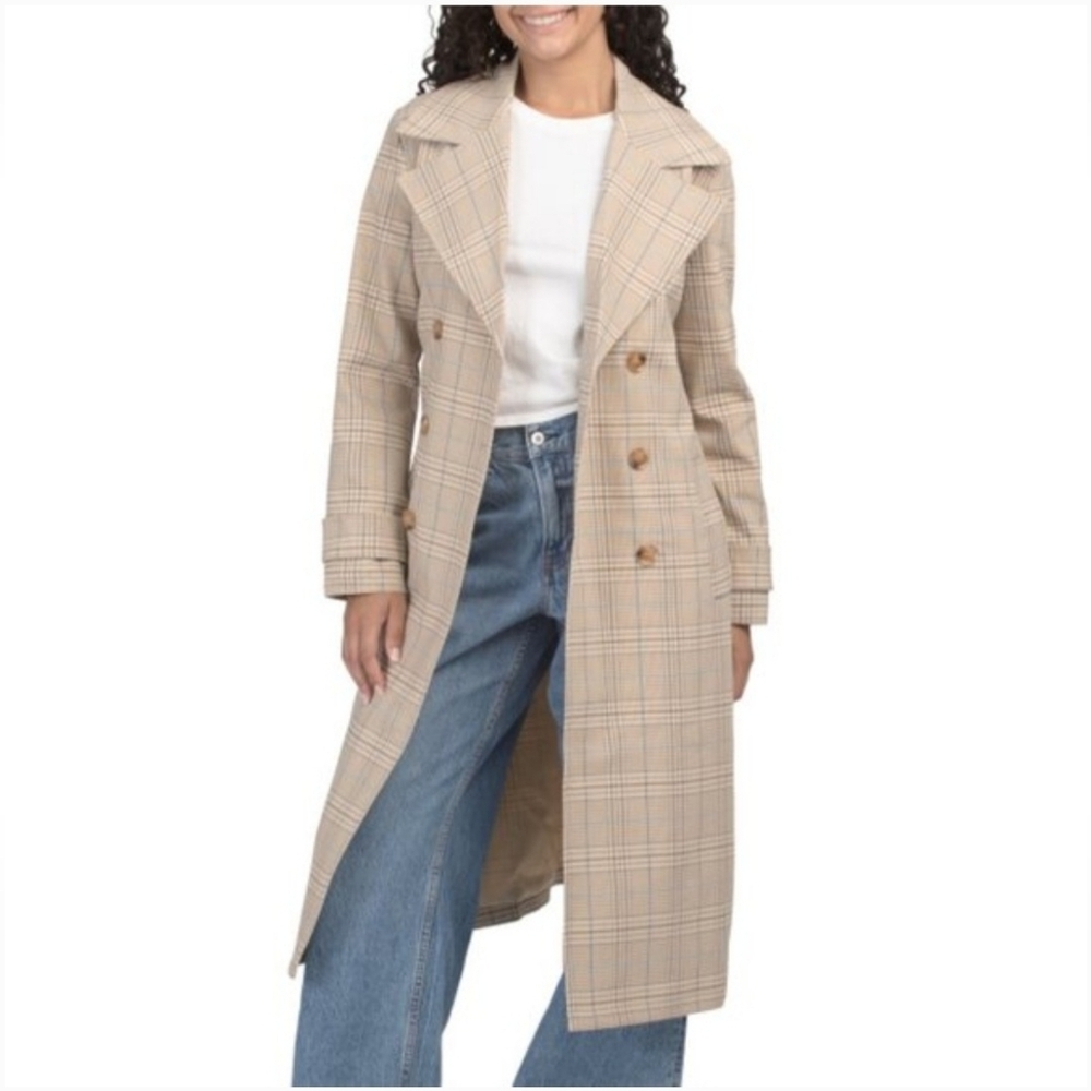 bagatelle Beige Plaid Double-Breasted Trench Coat
